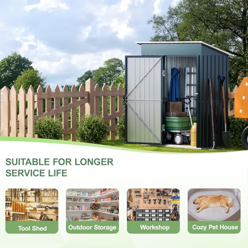 Image of Breezz 5x3FT Vertical Outdoor Steel Storage Shed with Floor Frame, Lockable Doors, Compact Metal Tool Shed for Garden, Backyard, Patio, Utility, and Bike Storage