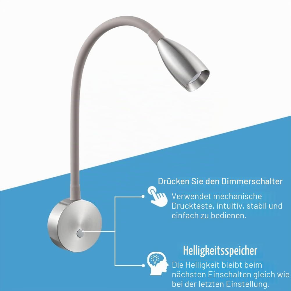 acegoo Leselampe 12V LED Dimmbar Bett Lampe, Flexible Wandmontage Schwanenhals Nachttisch 24V 3200K Eingebauter Dimmer & Typ C Schnellladegerät, für Boot Wohnmobil Auto Camper Van Yacht (Silber)