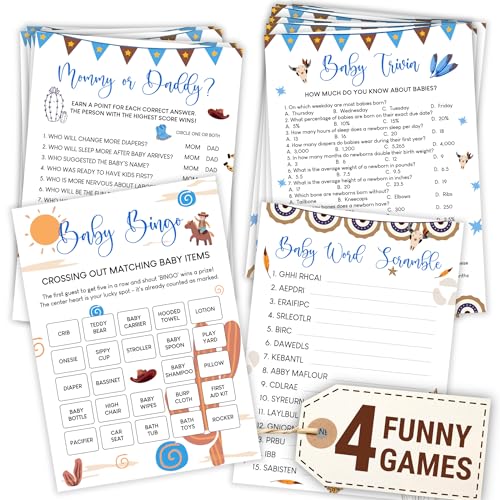 WOODAMORE Cowboy Baby Shower Games for Boy - Western Baby Shower Bingo Cards, Funny Trivia Word Scramble Mommy Or Daddy Game Activities for 25 Guests