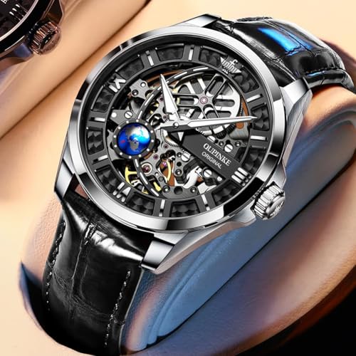 Image of OUPINKE Skeleton Mens Automatic Watches Mechanical Luxury Dress Leather Self Winding Waterproof 50M /5ATM Luminous Watches for Men