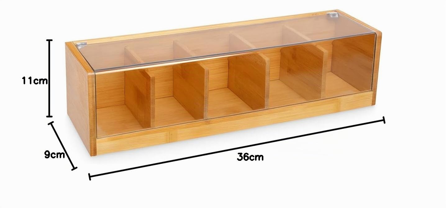 VITA PERFETTA - Caja de té con 5 compartimentos de bambú, caja de almacenamiento para bolsas de té (36 x 11 x 9 cm)