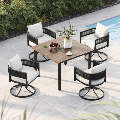 Image of Grand patio 5-Piece Outdoor Dining Set for 4, Metal Woven Wicker Swivel Patio Chairs with Thickened Cushions & 1 Square Woodgrain Dining Table with Umbrella Hole for Backyard Deck (Black)