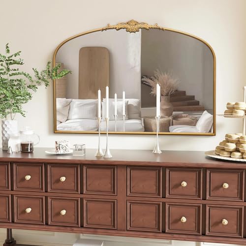 Besdomus Ornate Arched Large Mirror: 48"x33" Oversize Gleaming Gold Vintage