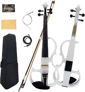 Electric Viola 4 String Full 4/4 Size, Silent Practice Viola, Solid Wood Metallic Electric Violas with Ebony Fittings, Beginner Kit for Adults Teens white