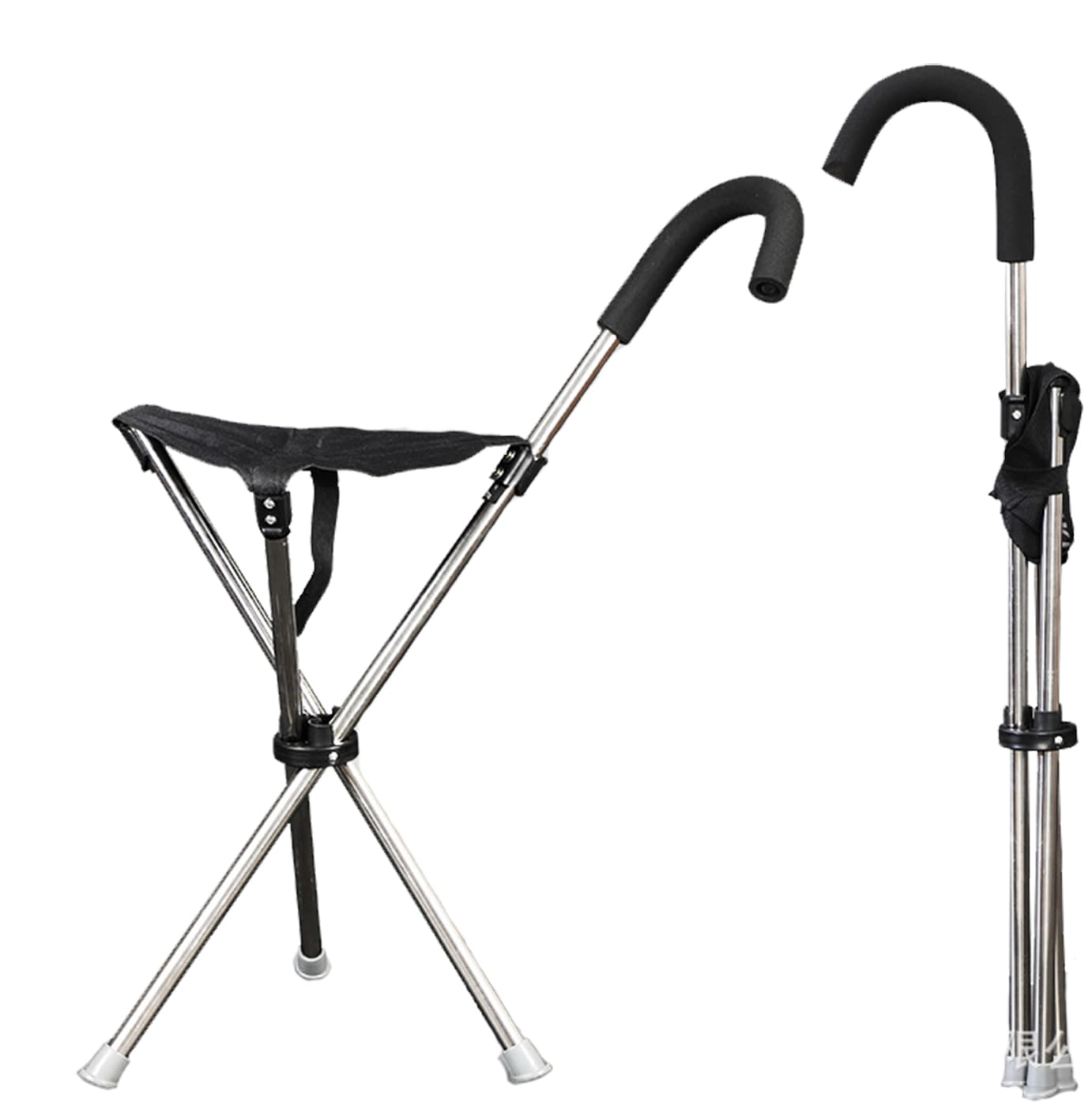 Bastone da passeggio con seduta, sgabello portatile, leggero fino a 0,9 kg, adatto per uomini, donne, anziani, disabili (manico curvo, nero)