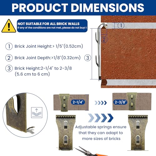 Image of 10 Pcs Brick Clips for Hanging Outdoors, No Drill Brick Hooks Hangers Fit Brick 2-1 /4 inch to 2-3 /8 inch in Height, Heavy Duty Brick Wall Hangers Clamps for Outside Home Decor Brick Hooks