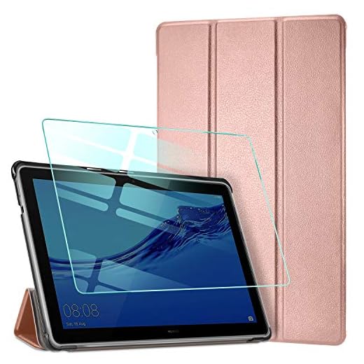 AROYI Fodral till Huawei MediaPad T5 10 10.1 2018, inbyggt skärmskydd, ultratunt med stativfunktion smalt PU-läder smart fodral för Huawei MediaPad T5 10 10.1 2018 – roséguld