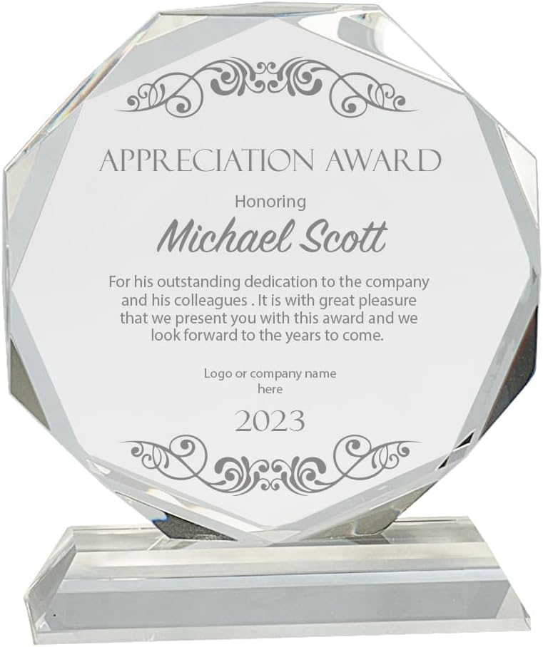 Personalized Clear Crystal Octagon Award, Custom Engraved Glass Award Plaque for Employee Appreciation, Recognition, Retirement and More (8")