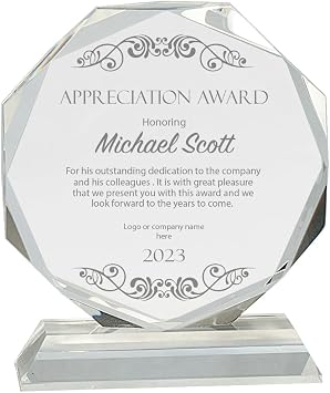 Personalized Clear Crystal Octagon Award, Custom Engraved Glass Award Plaque for Employee Appreciation, Recognition, Retirement and More 7"