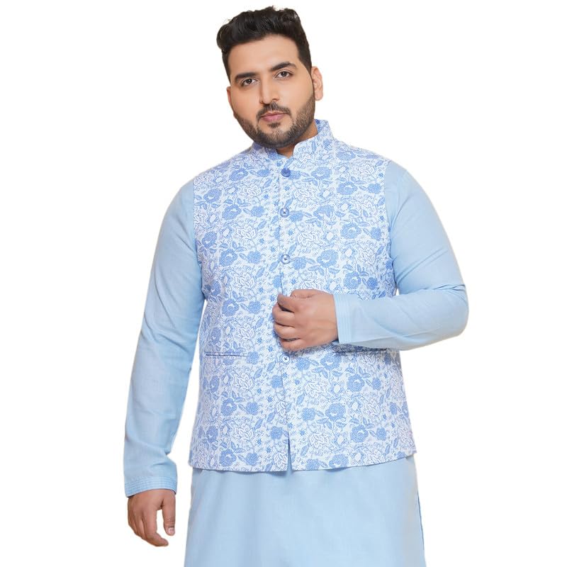 Plu Size Blue Printed Nehru Jacket For Men-image-1