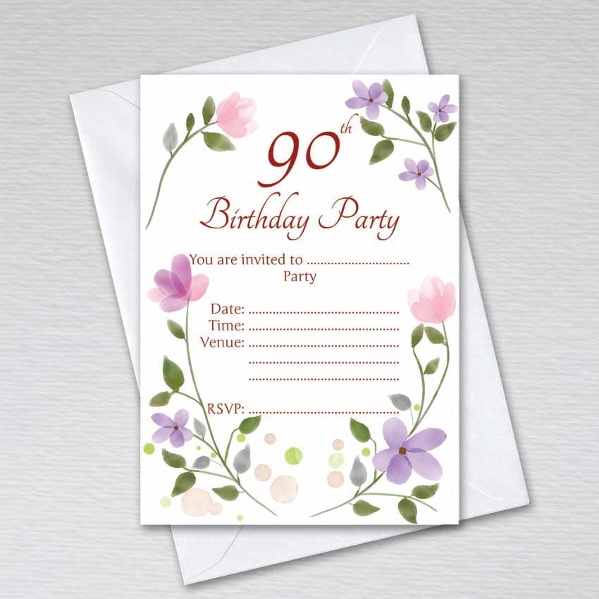 Webspectations Pack of 90th Birthday Party Invitations with Envelopes: Watercolour Floral Ninetieth Invites for Female Birthdays (Pack of 50 with Envelopes)