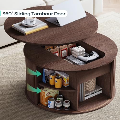 Image of LINSY Lift Top Coffee Table, Round Fluted Coffee Table with Storage, Mid Century Modern Wooden Coffee Tables with Sliding Tambour Door, 31.5 inch Center Table for Living Room, Office, Small Space, Walnut