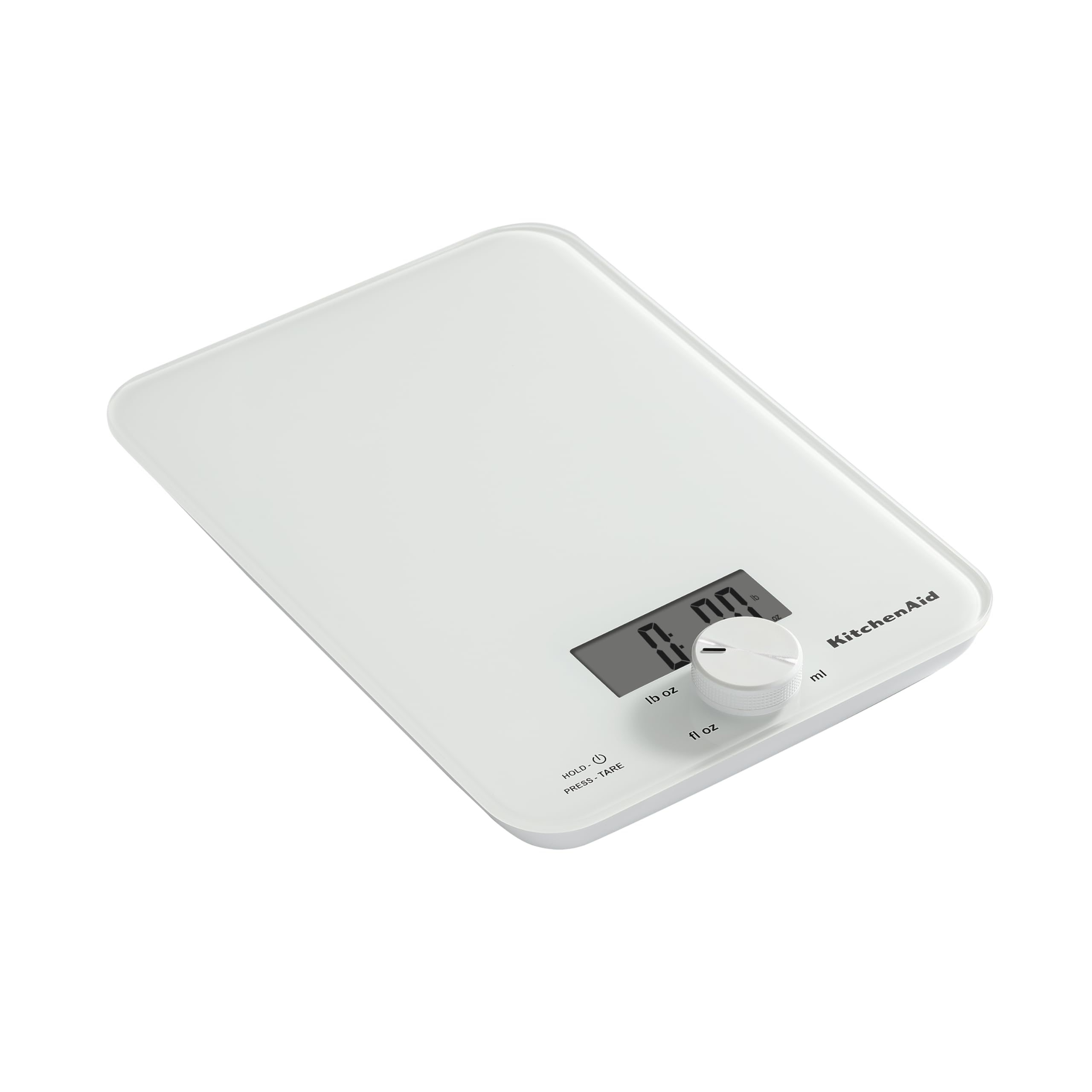KitchenAid KQ914WH - Bilancia digitale da cucina e alimenti, con superficie in vetro, capacità 5 kg, bilancia per alimenti once e grammi, ingredienti secchi e liquidi, bianco