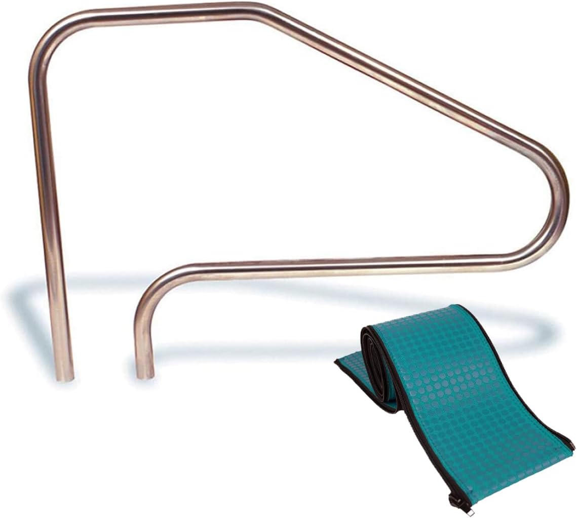 Aqua Select Premium Stainless Steel Pool Hand Rail for Inground Swimming Pools | Measures 50 x 36 x 8 Stainless Material | Bundle with 4ft Teal Rail Runner | Easy to Install