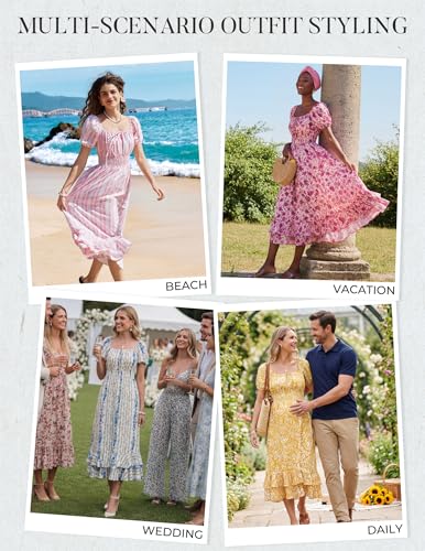 Kate Kasin Womens Casual Summer Square Neck Short Sleeve Dress, White Boho Smocked Maxi Dress, Floral Print Long Dresses with Pocket XL — view 2