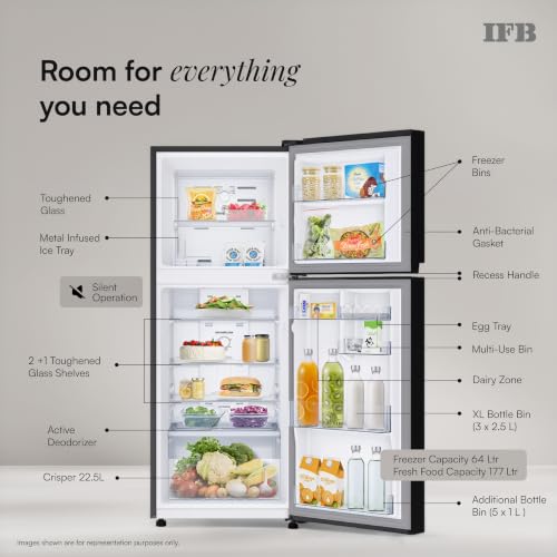 Image of IFB 241L 1 Star 10-in-1 Convertible, Advanced Inverter Frost-Free Double Door Refrigerator with 30 Hrs Cooling Retention, Turbo Freeze & 4 Year Super Warranty (2026, IFBFF-291AYOSET, Onyx Grey)