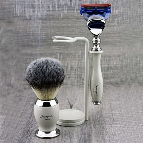 3 Pc Mens Shaving Kit 5 Edge Razor with Synthetic Badger Hair Shaving Brush and Stand Perfect Set for Men