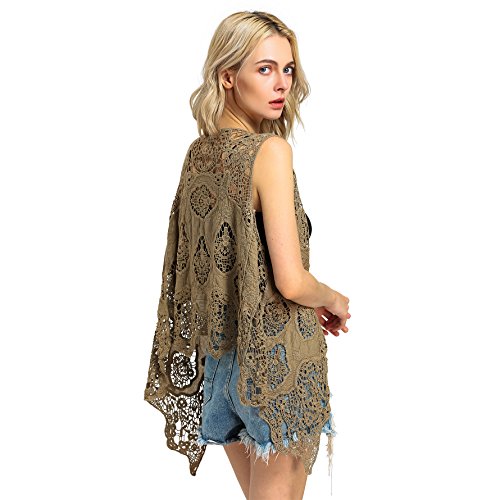 jastie Open Stitch Cardigan Boho Hippie Crochet Vest (Brown) - Thumbnail 5