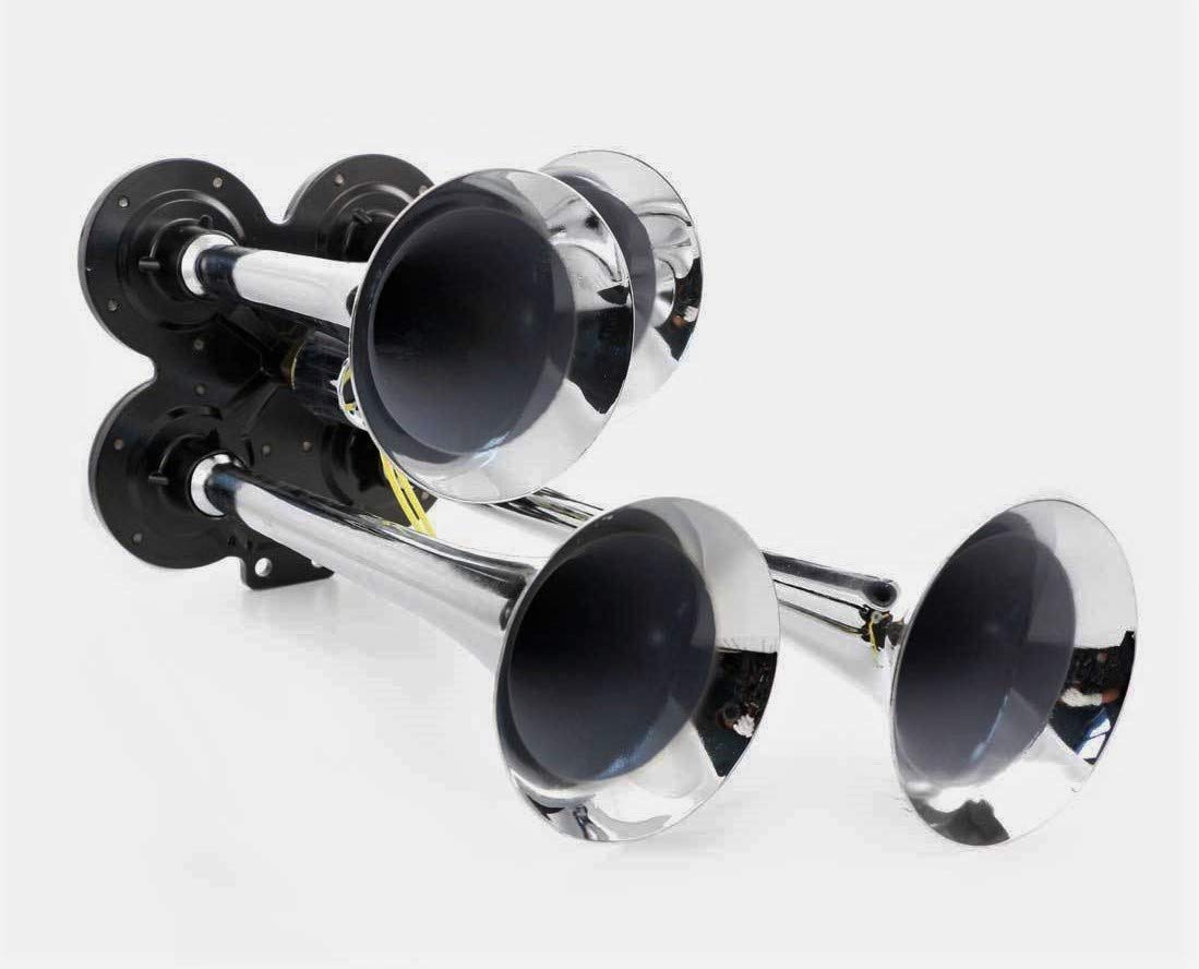 Bocina de aire de cuatro tonos cromados potente de 24 V Bocina de trompeta para camiones HDV, tractores, barcos
