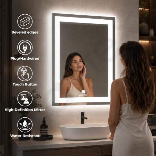 Image of Plantex Metal LED Wall Mirror with Triple-Tone /Touch Mirror for Bedroom /Dressing Room /Living Room - Rectangle Shape (18 X 24 Inch)