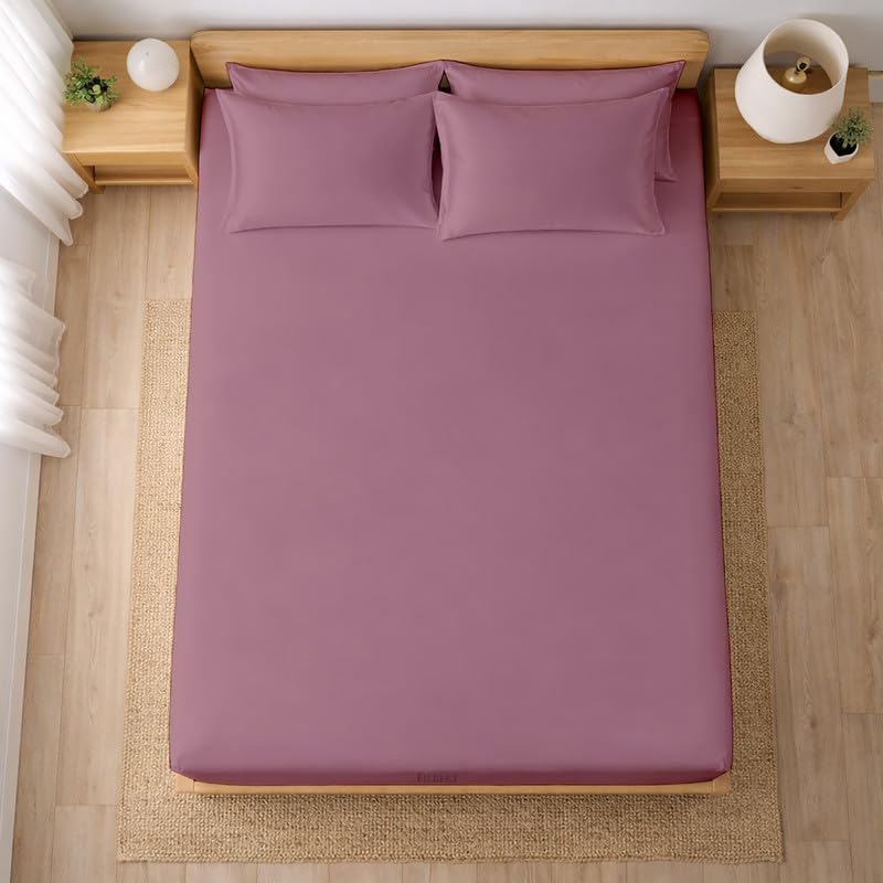 Image of Filbert - Premium Satin Fitted Bedsheet Queen Size (60x78 Inch) with 2 Pillow Covers | Hypoallergenic Breathable | Hair and Skin Friendly, Women Gift Choice|Light Mauve