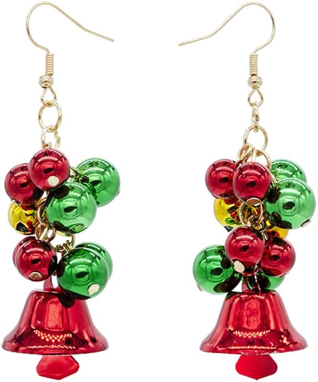 Christmas Jingle Bell Red Green Tinkle Bell Ball Cute Gold Plated Long Chain Dangle Earrings for Women Fish Hook Dangling Hanging Hypoallergenic Xmas Festival Decoration Party Jewelry Gift for Bff Daughter