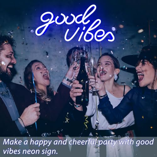 Image of Good Vibes Neon Sign Blue Good Vibes Neon Lights USB Operated Aesthetic LED Signs for Bedroom Wall Decor Birthday Party Wedding Salon Bar Home Girl Cave