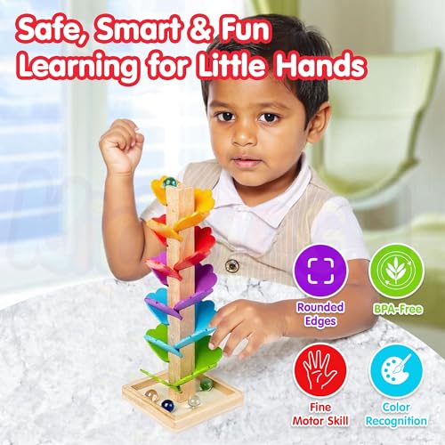 Image of Kidology Wooden Music Tree Toy for Kids, Rainbow Musical Tree Kit Gifts, Wooden Marble Ball Run Track Montessori Educational Learning Toys for Kids 3+