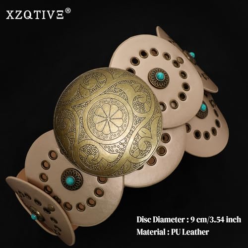 Image of XZQTIVE Western PU Leather Belts for Woman Concho Cowgirl Cowboy Disc Belt for Ladies Wide Boho Country Waist Belts for Dress