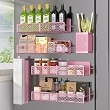 DTUQYX Magnetic Spice Rack for Refrigerator, 6 Pack Metal Magnetic Shelf Pink, Moveable Spice Organizer, Strong Magnetic Storage Fridge Organizer with Paper Towel Holder, Utensils Holder