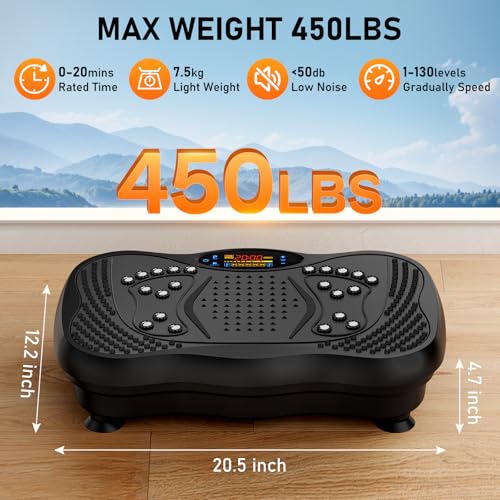 Vibration Plate Exercise Machine, 130 Levels Full Body Workout Vibrating Plate for Lymphatic Drainage Weight Loss, 450 Lbs Capacity Shake Fitness Platform with Resistance Bands Bluetooth for Women Men