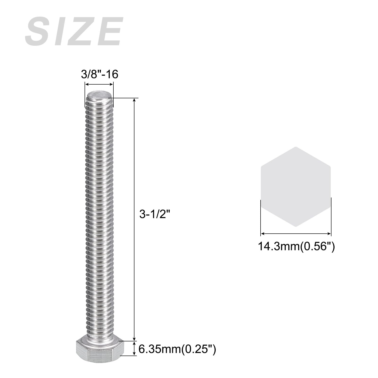 METALLIXITY Hex Head Bolts (3/8-16 x 3-1/2") 6Pcs, 304 Stainless Steel 18-8, Fully Threaded, External Hex Drive, Plain Finish - Image 2
