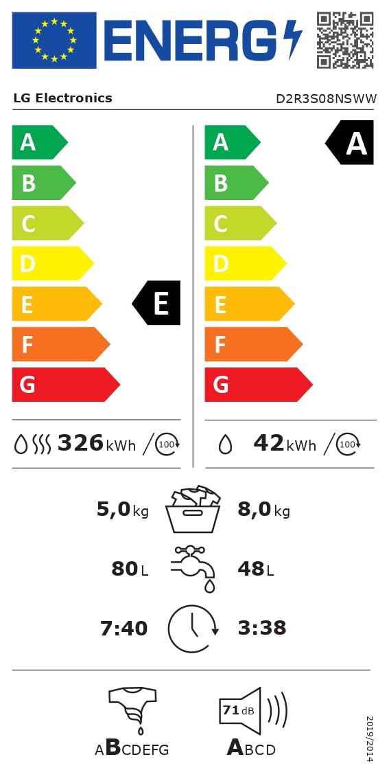 LG D2R3S08NSWW Lavasciuga Slim 8/5kg AI DD, Classe E, 1200 Giri, AI Wash, Vapore
