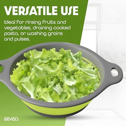 Large Collapsible Colander with Self Draining Base - 5Qt Side Drain Food Strainer for Edge of Kitchen Sink (Patent Pending) Green (2 Piece Set) - Thumbnail 4