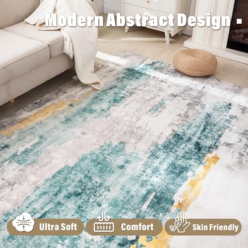 Carvapet 8 x 10 Rugs for Living Room, Teal Modern Abstract Low Pile Large Carpet with Rubber Backing, Foldable, Non Slip Machine Washable (10 x 8 Feet Rectangular, Teal/Grey Area Rug)