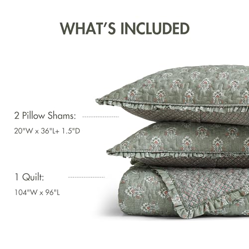 Image of Madison Park Vintage Floral Quilt Set, 3PC King /Cal King Reversible Bed Set | Lightweight Bedspread Set with 2 Shams, Traditional Block Print Coverlets with Ruffled Edge, Sage Green
