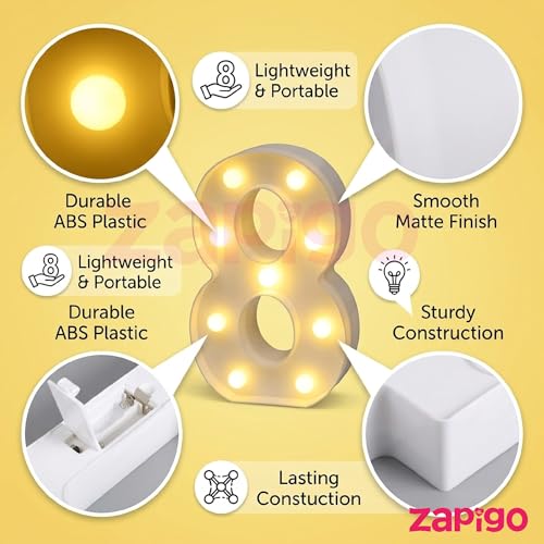 Image of Balloonistics LED Marquee Number 8 Light - 9-Inch Cordless Battery-Operated Light Up Number Sign for 8th Birthday, Anniversary, Wedding, Party Decoration, Photo Booth Backdrop, Cake Table Decor