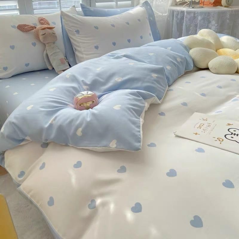Image of BOLINLIVING Cute Duvet Cover Twin Size, Reversible Light Blue & White Heart Print Kids Girls Boys Comforter Cover, Microfiber Bedding Set for All Season with Zipper Closure and Corner Ties