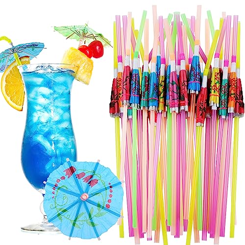 100 Pcs Cocktail Umbrella Drink Straws, 9.5 Inch Colored Bendable Straws for Drinks, Fun Mini Paper Umbrellas for Hawaiian Beach Party Decorations