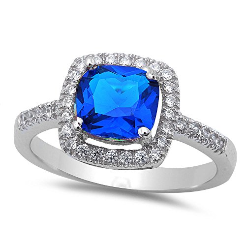 Oxford Diamond Co Cushion Cut Simulated Blue Sapphire & Cz .925 Sterling Silver Ring Size 7