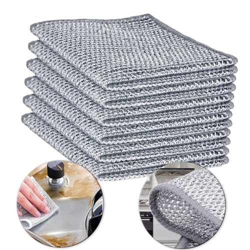 Image of Double Layer Multipurpose Non Scratch Wire Dishcloth, Soft Wire Dishwashing Rag Safe for Non-Stick Cookware, Scrubs & Cleans for Dishes, Sinks, Counters, Stove Tops, Easy Rinsing (6Pcs)