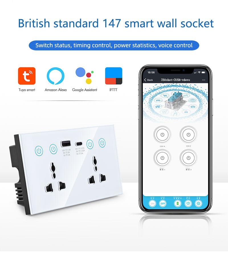 WiFi Bluetooth Smart Wall Outlet 2 sockets 2USB Charging Port Compatible with Alexa App and Voice Control Use — view 2