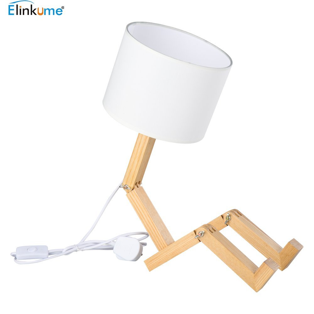 Creativa lampada da scrivania robot, mensola regolabile lampada da comodino in legno con paralumi in tessuto E27 vite per bambini camera da letto ufficio soggiorno illuminazione decorativa