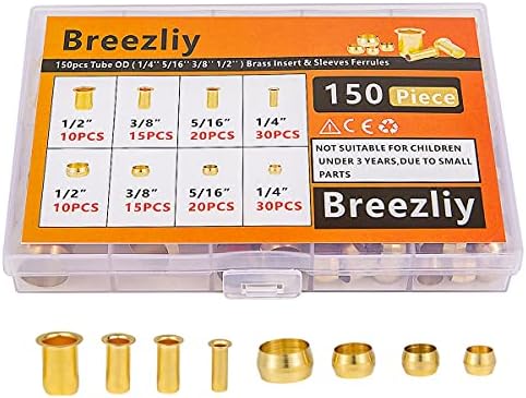 Breezliy 150PCS Tube OD（1/4" 5/16" 3/8" 1/2") Brass Compression Sleeves Ferrules & Insert,4 Sizes Brass Compression Fitting Assortment Kit
