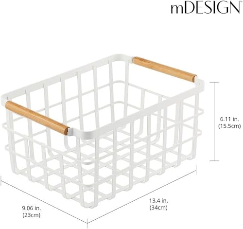 Miniatura 3 de mDesign Cesta organizadora de alimentos de alambre de metal con asas de bambú para armarios de cocinaorganización de despensa, decoración de granja,