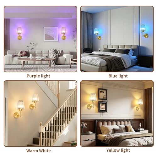 Image of Battery Operated Wall Sconce Set of 2, Rechargeable Wireless Wall Lights with 5200mAh Dimmable Bulbs and Remote,15 Colors Wireless Wall Lamps for Bedroom Living Room Hallway Decor-Clear Gold