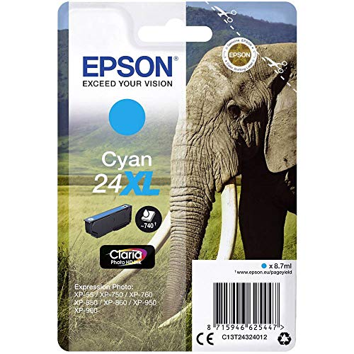 Epson 24XL Eléphant Cyan, Cartouche d'encre d'origine XL Haute capacité, XP-55 XP-750 XP-760 XP-850 XP-860 XP-950 XP-960 XP-970