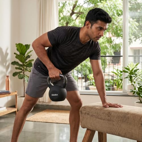 Image of DAARA Half Coating Neoprene Kettlebell, 8kg (17.63 lb) Black Cast Iron Kettle Bell with Non-Slip Grip Handle for Strength Training, Home Gym Workout Equipment for Men & Women (Proudly Made in India)
