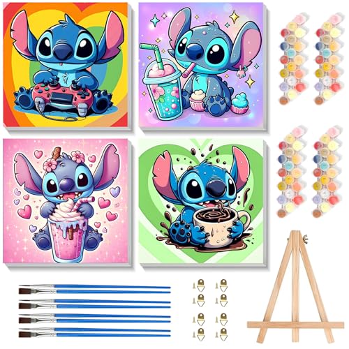 KOJEFCV 4 Pack Cartoon Paint by Numbers for Kids with Framed Canvas-with Wooden Easel, Paint by Number for Kids Ages 4-8-12, DIY Easy Acrylic Oil...