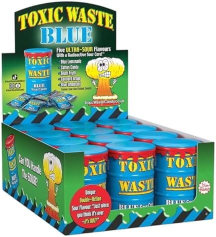 Toxic Waste Blue Drums Hazardously Sour Candy Sweets - 12x Drums: 5 Sour Flavours (Raspberry, Blueberry, Blackberry, Lemonade, Cotton Candy)
